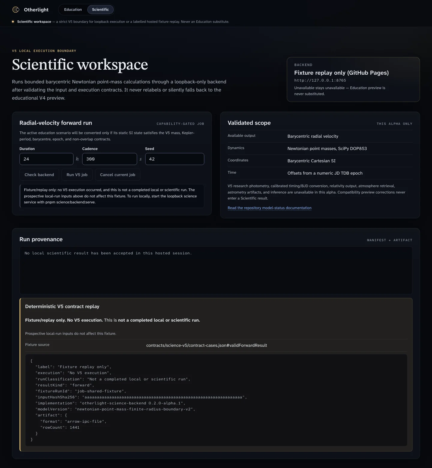 Scientific workspace: the radial-velocity run form, the validated scope and the run provenance.